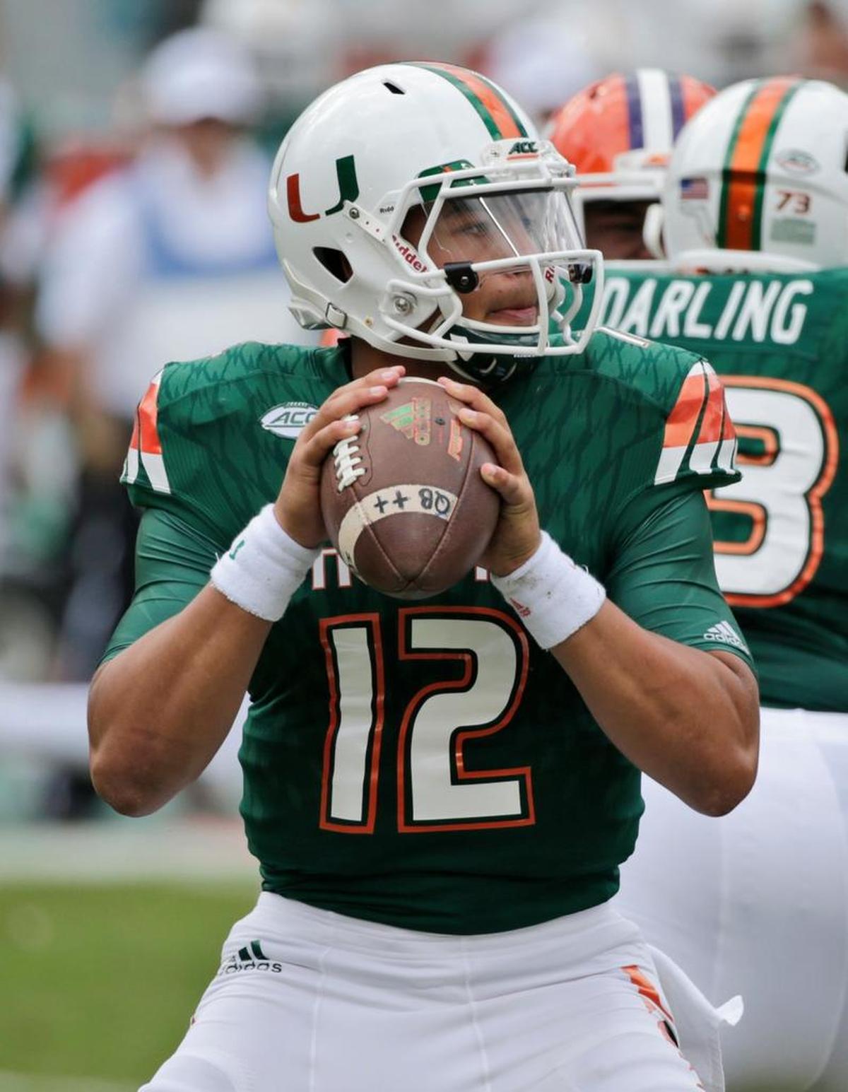 Miami quarterback Malik Rosier looks for the open receiver during a 2015 game.