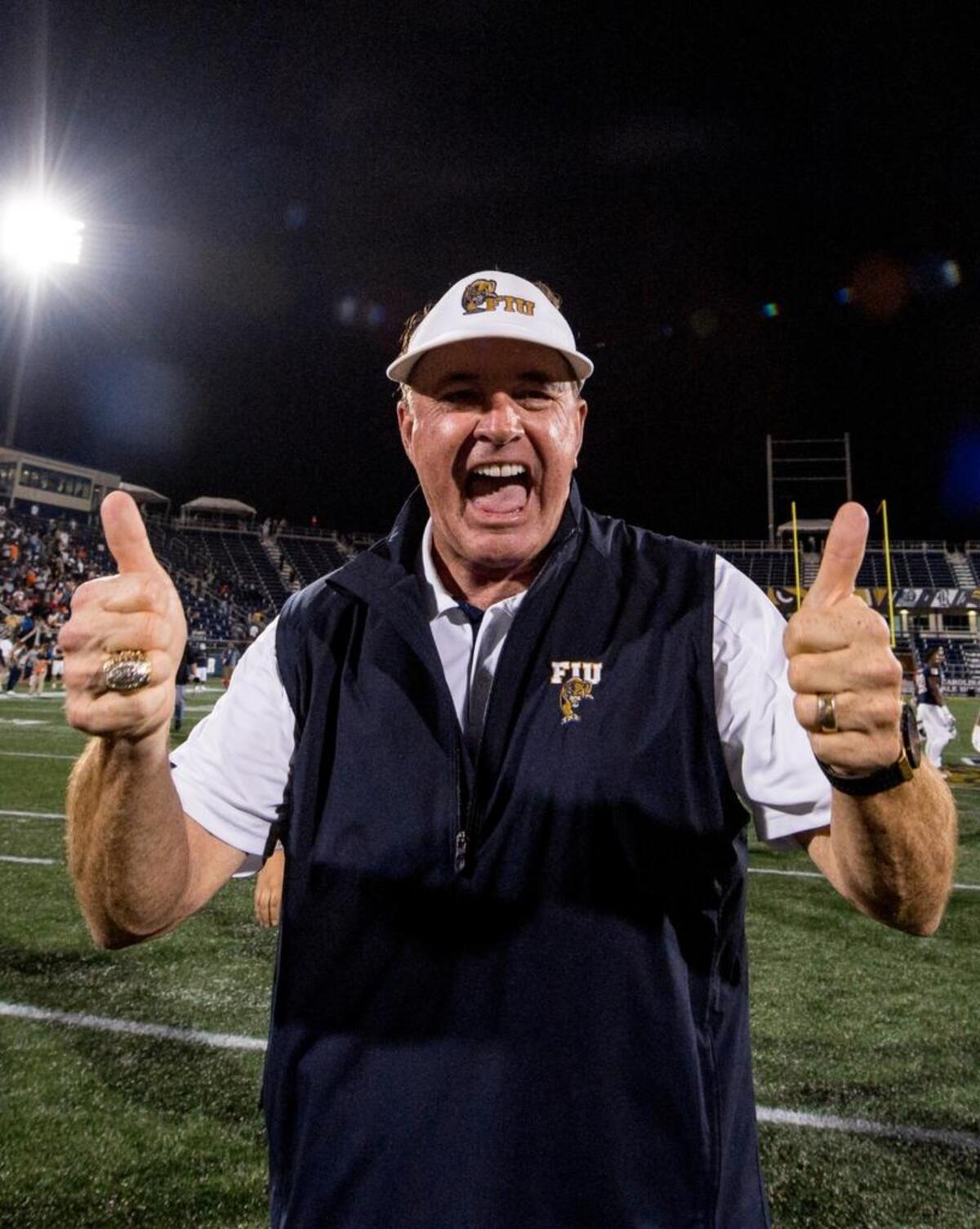 FIU head coach Butch Davis reacts to the Panthers win against UTSA Saturday that made them bowl eligible for the first time since 2011.