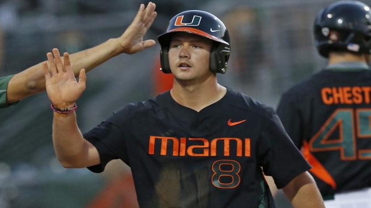 
After two injury-plagued seasons, David Thompson (8) is the nation’s co-leader in home runs (19) and outright leader in RBI (80) as he leads UM into the NCAA tournament.
