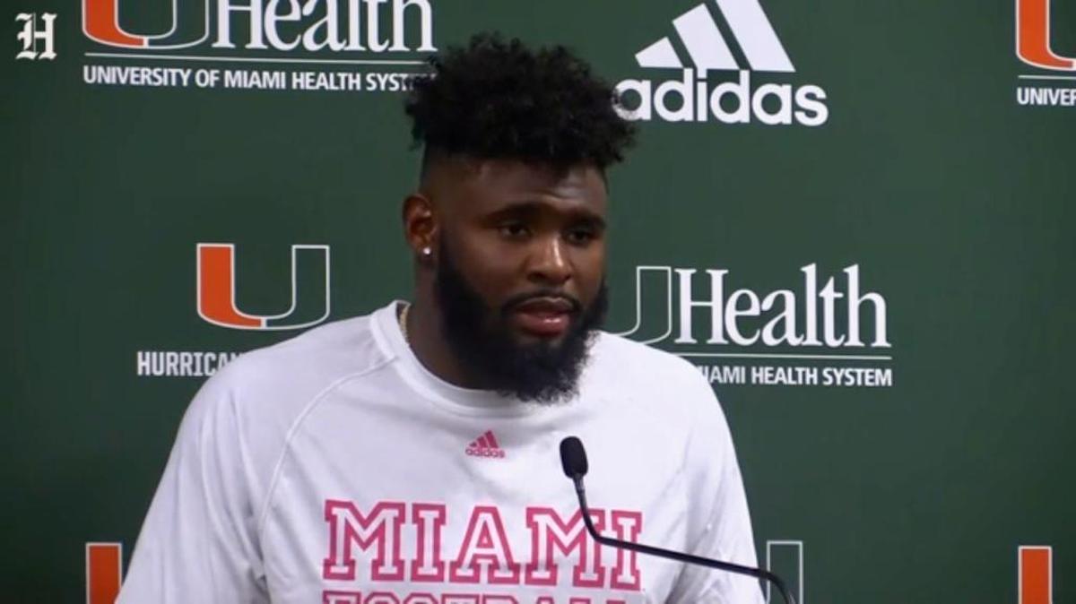 Weak-side linebacker Michael Pinckney speaks to the media after UM’s 27-19 victory over Syracuse on Saturday, Oct. 21, 2017. Pinckney is expected to a dominant piece of the defense in 2018.