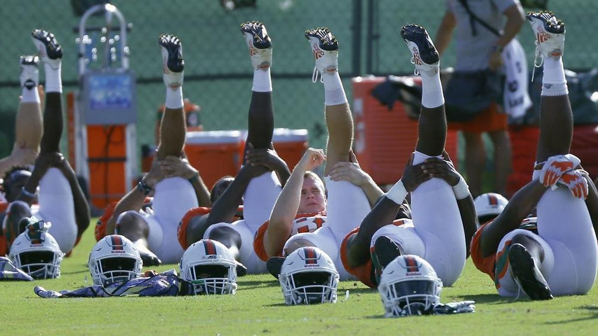 The same four Miami Hurricane starters who did not practice on Tuesday, Aug. 10, 2017, also did not practice on Wednesday during the media viewing. Three of the four were on conditioning bikes and one — Sheldrick Redwine — was not outside at all.