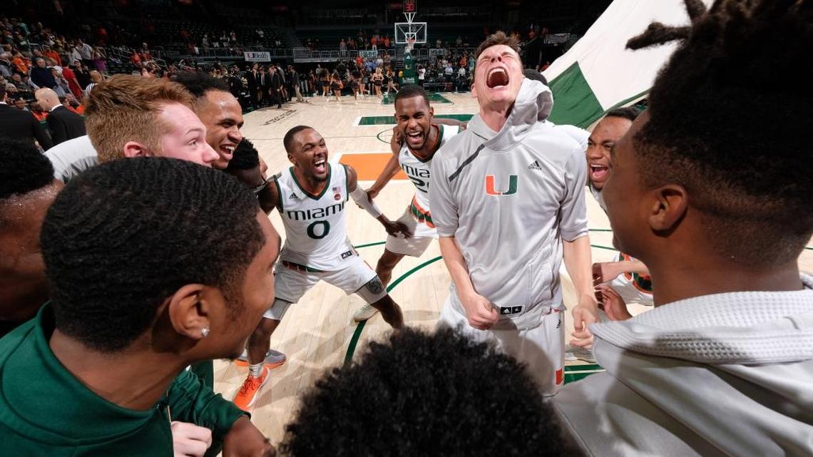 Senior co-captain Chris Stowell (screaming) doesn’t play much, but is a 4.0 student and respected leader on the University of Miami basketball team.