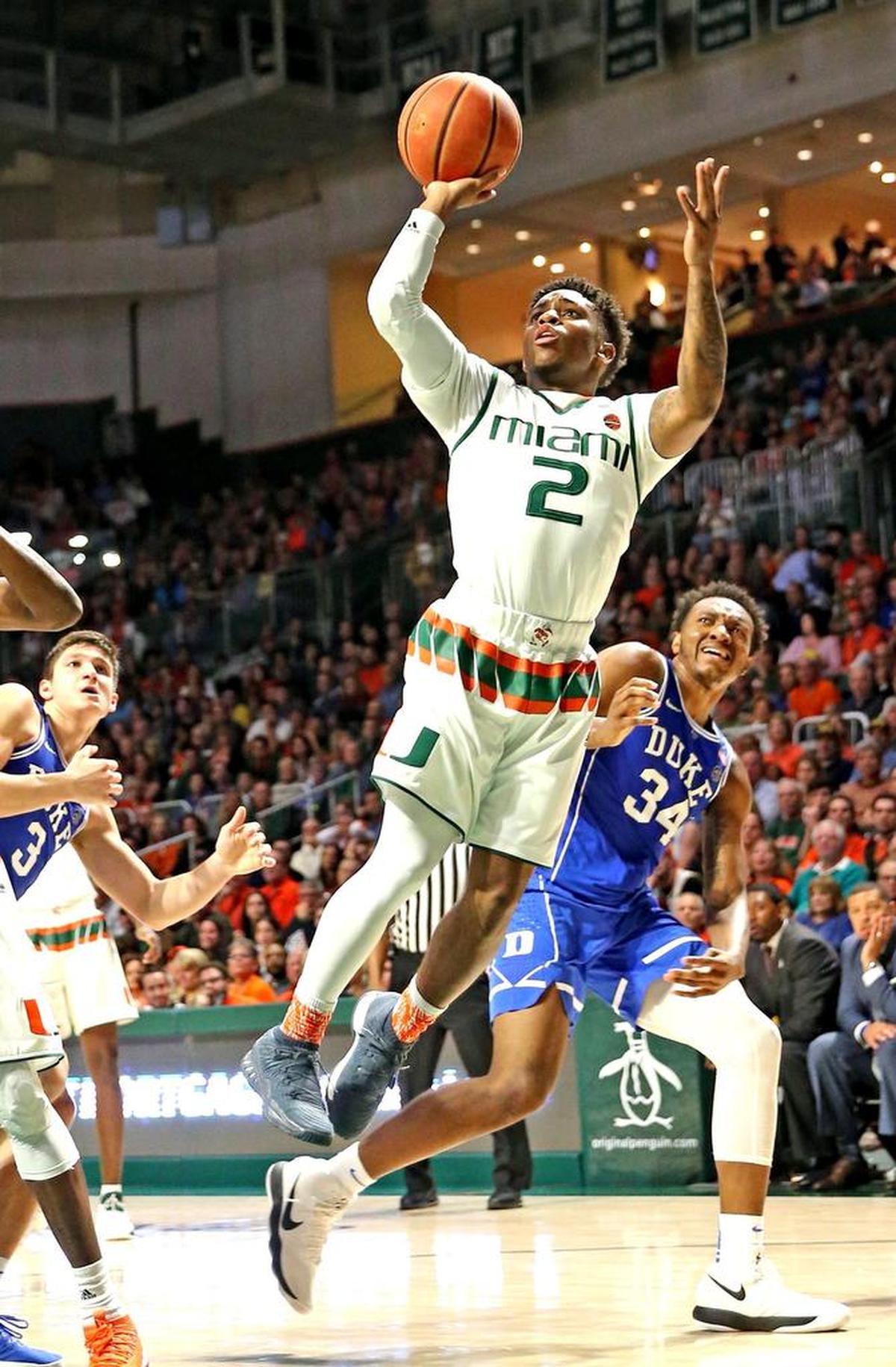 Miami Hurricanes Chris Lykes (2) shoots in the first period as they play the Duke Blue Devils on Jan. 15.