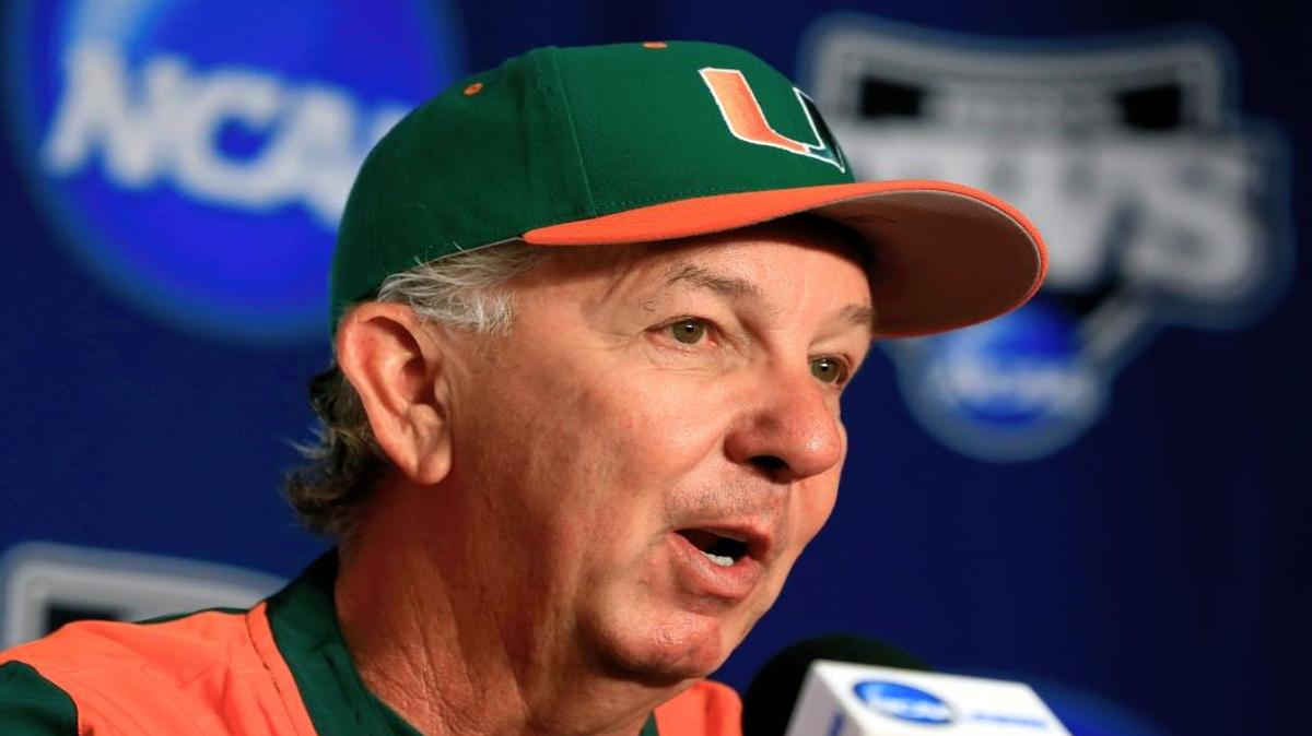In this June 12, 2015, file photo, Miami coach Jim Morris speaks during a coaches news conference at the NCAA College World Series in Omaha, Neb.
