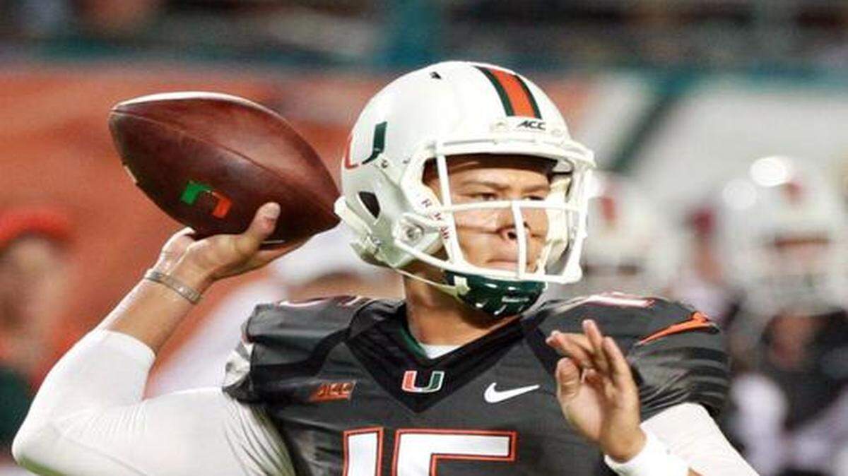
UM quarterback Brad Kaaya throws a pass against Duke at Sun Life Stadium in Miami Gardens, Fla., Saturday, Sept. 27, 2014. 
