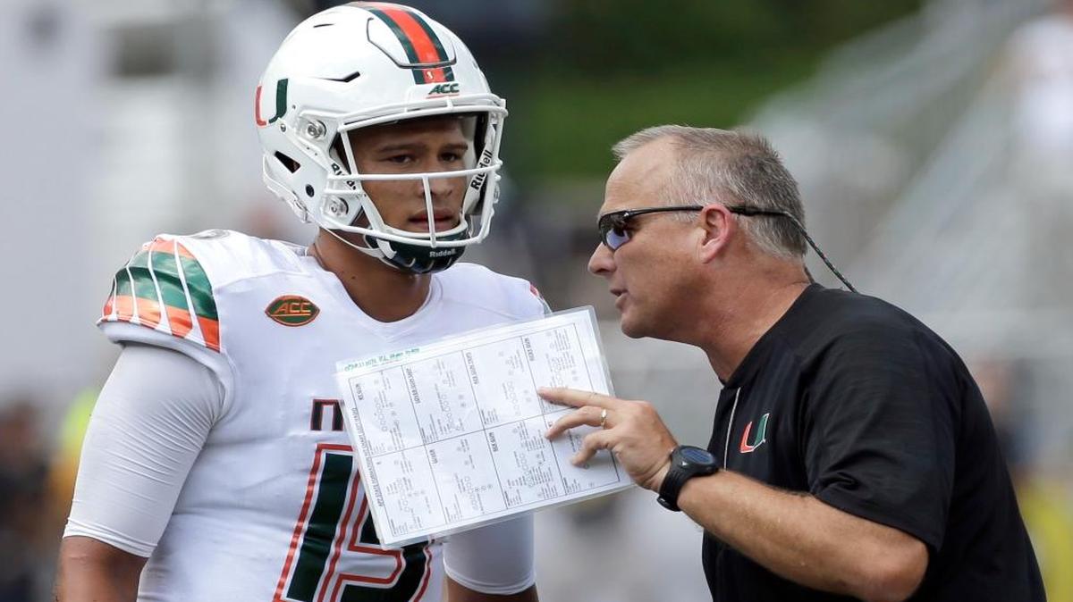 Miami head coach Mark Richt, right, talks with quarterback Brad Kaaya (15) during the second half of an NCAA college football game against Appalachian State in Boone, N.C., Sat., Sept. 17, 2016.