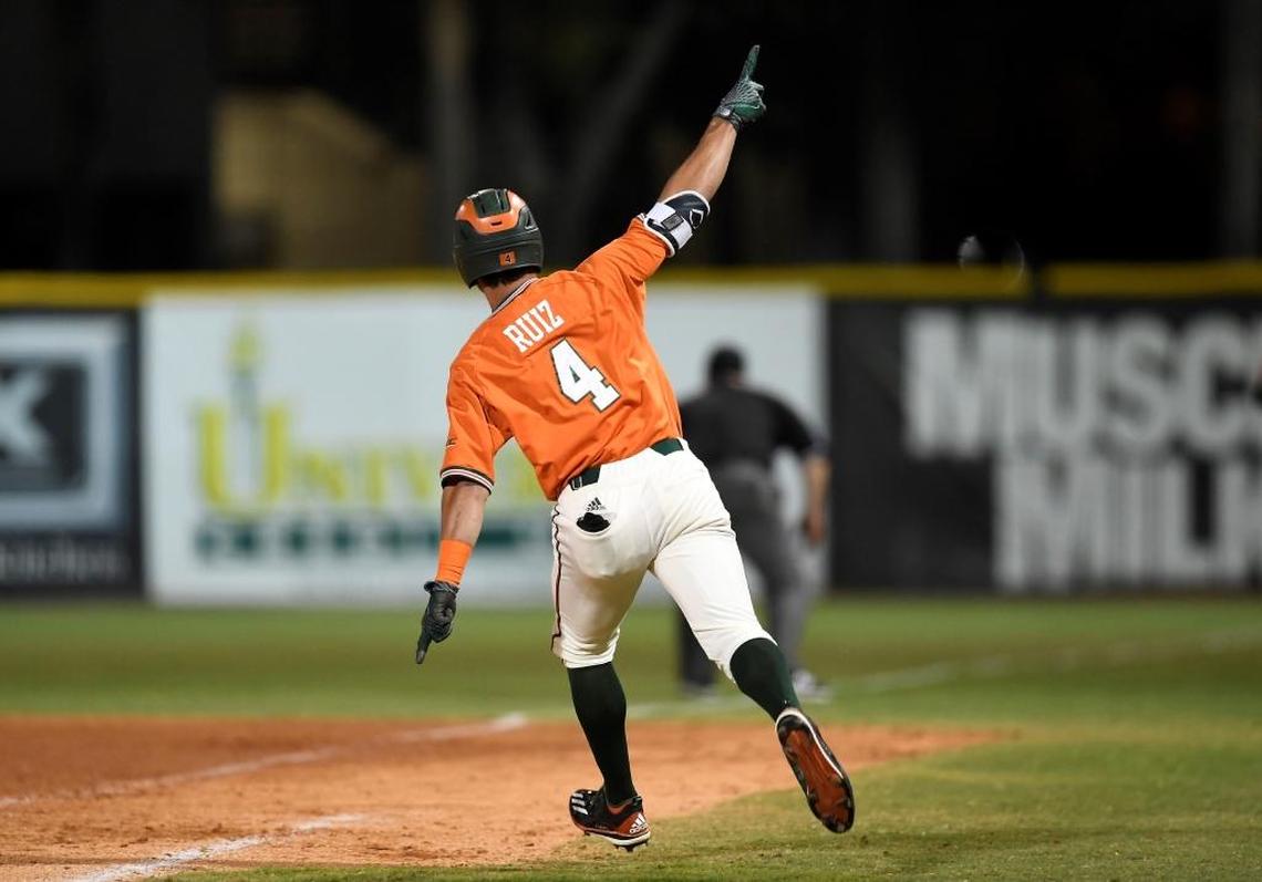 UM’s Johnny Ruiz celebrates his ninth-inning home run Saturday, April 8, 2017, in Coral Gables, Fla.