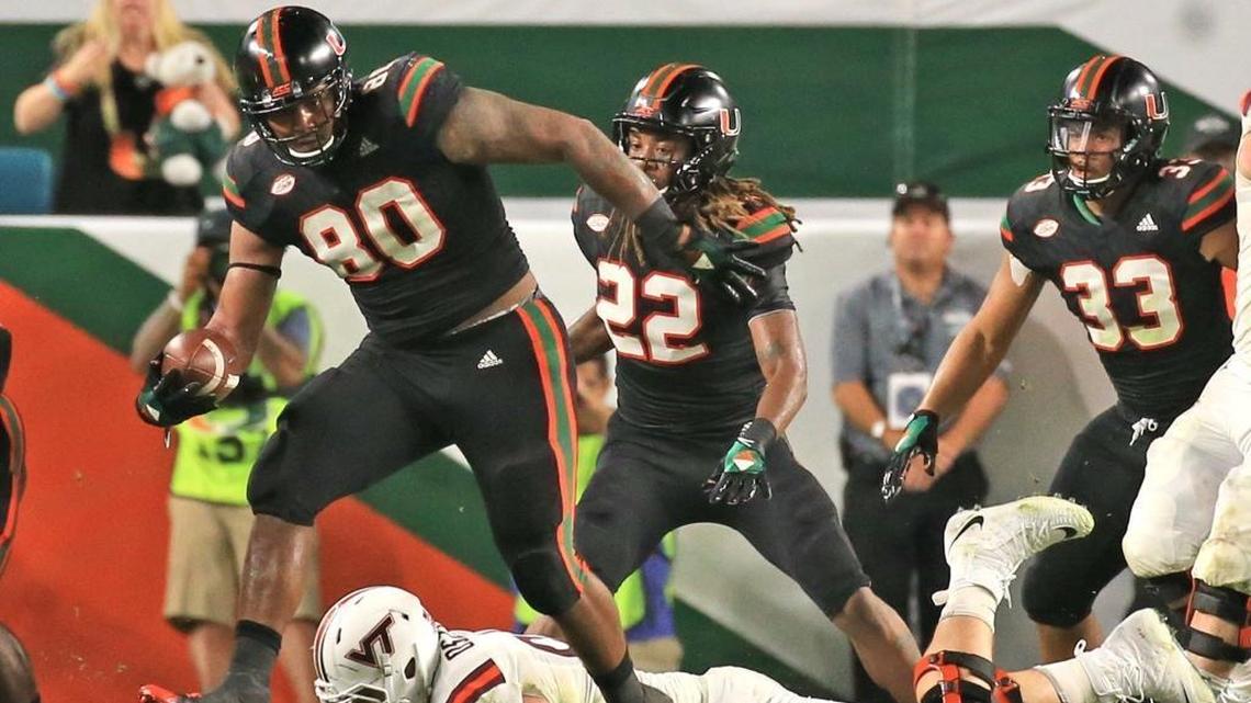 Miami Hurricanes defensive tackle RJ McIntosh recovers a fumble and takes it 35 yards against Virginia Tech at Hard Rock Stadium on Saturday, November 4, 2017. McIntosh left UM early to enter the NFL Draft.