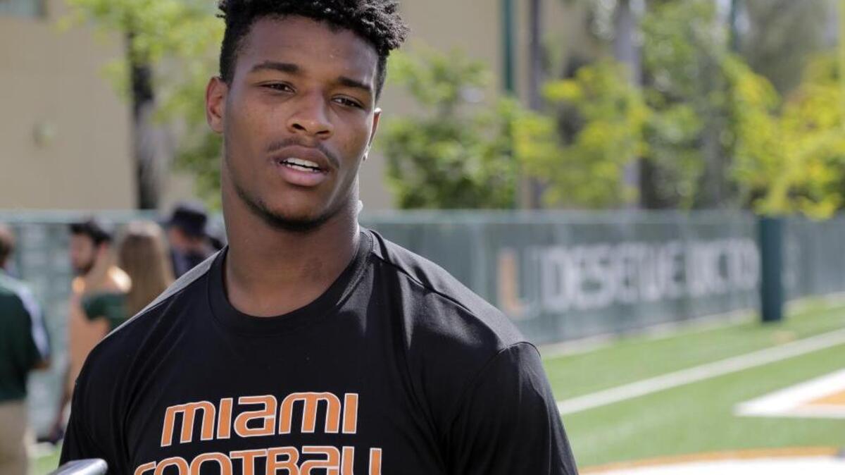 UM defensive back Deon Bush talks with a reporter after practice Thursday, Aug. 6, 2015, in Coral Gables, Fla.