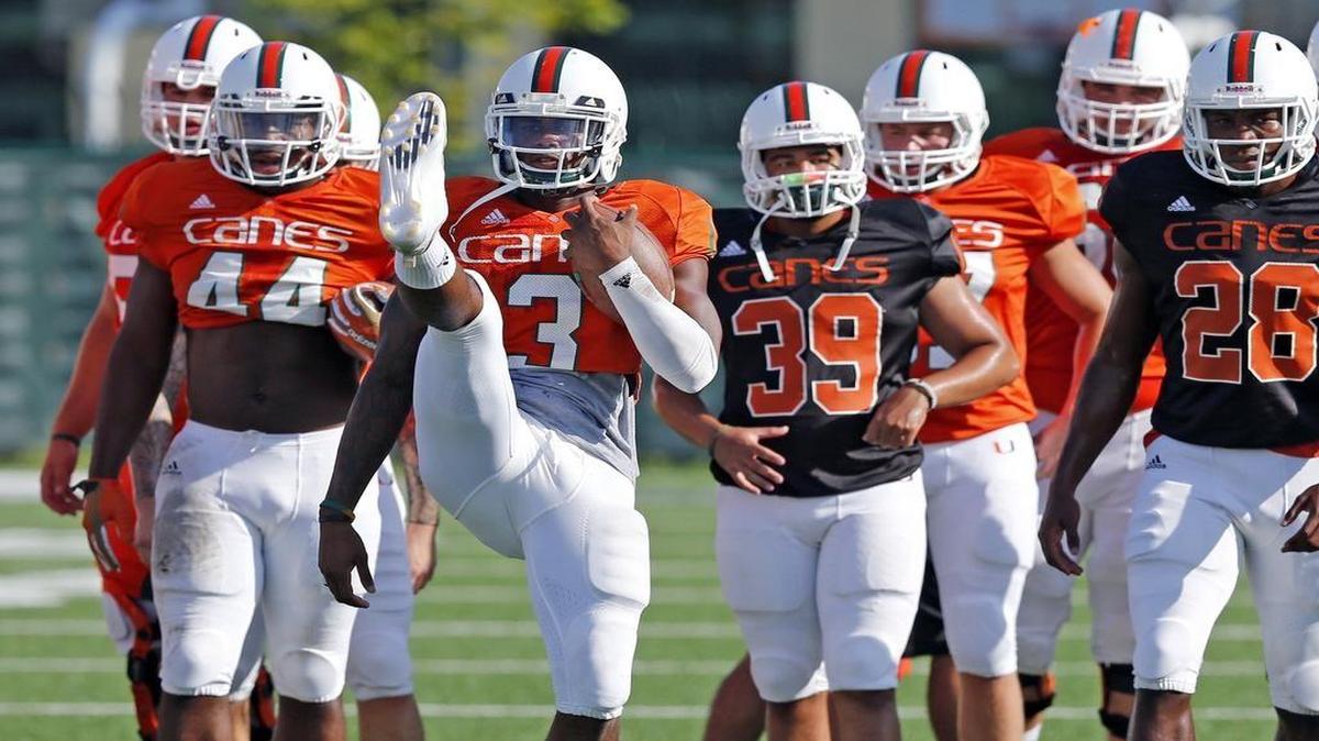 
 Miami wide receiver Stacy Coley warms up during practice Tuesday at Greentree Field.
