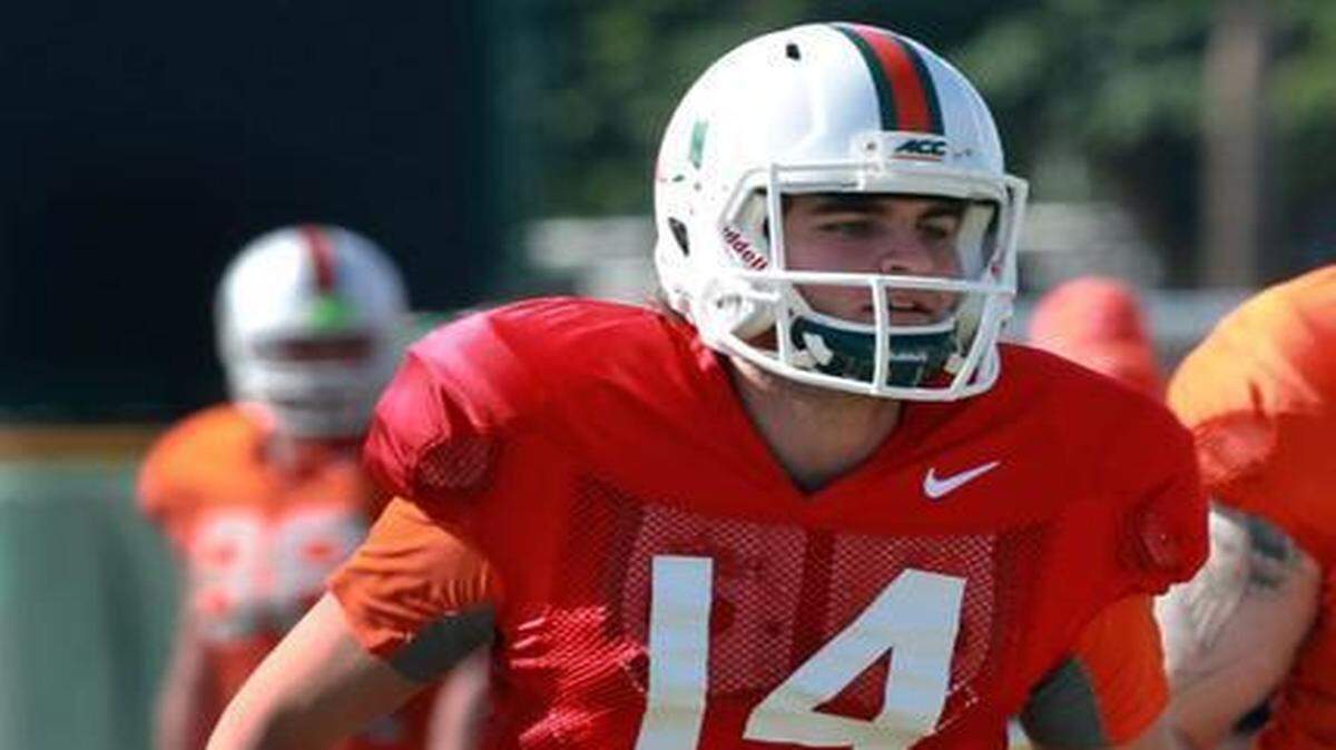 
UM walk-on transfer quarterback Vincent Testaverde is shown at spring practice at Greentree Practice Field, Saturday, Feb. 21, 2015.
