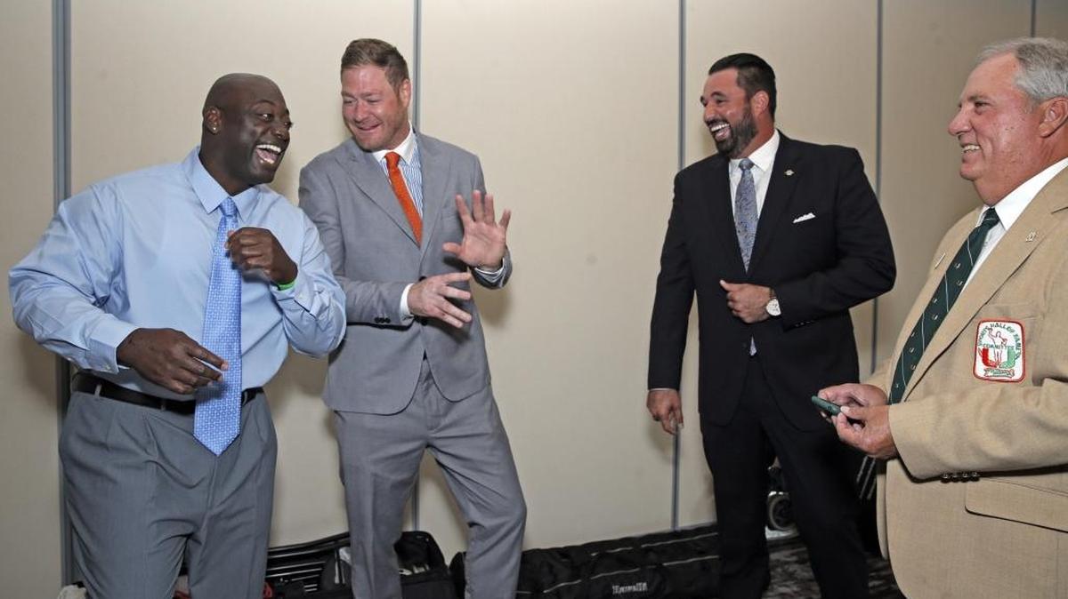 2017 inductees James Jackson, and Jeremy Shockey with 2016 inductee Joaquin Gonzalez and Hall of Fame President Gerard Loisel during the University of Miami Sports Hall of Fame 49th Annual Induction Banquet at Jungle Island on Tuesday, April 18, 2017. Inductees include Ryan Braun, Audra Cohen, Dan Davies, Steve Edwards, James Jackson, Katie Meier, Jeremy Shockey, Valeria Tipiana and Darryl Williams.