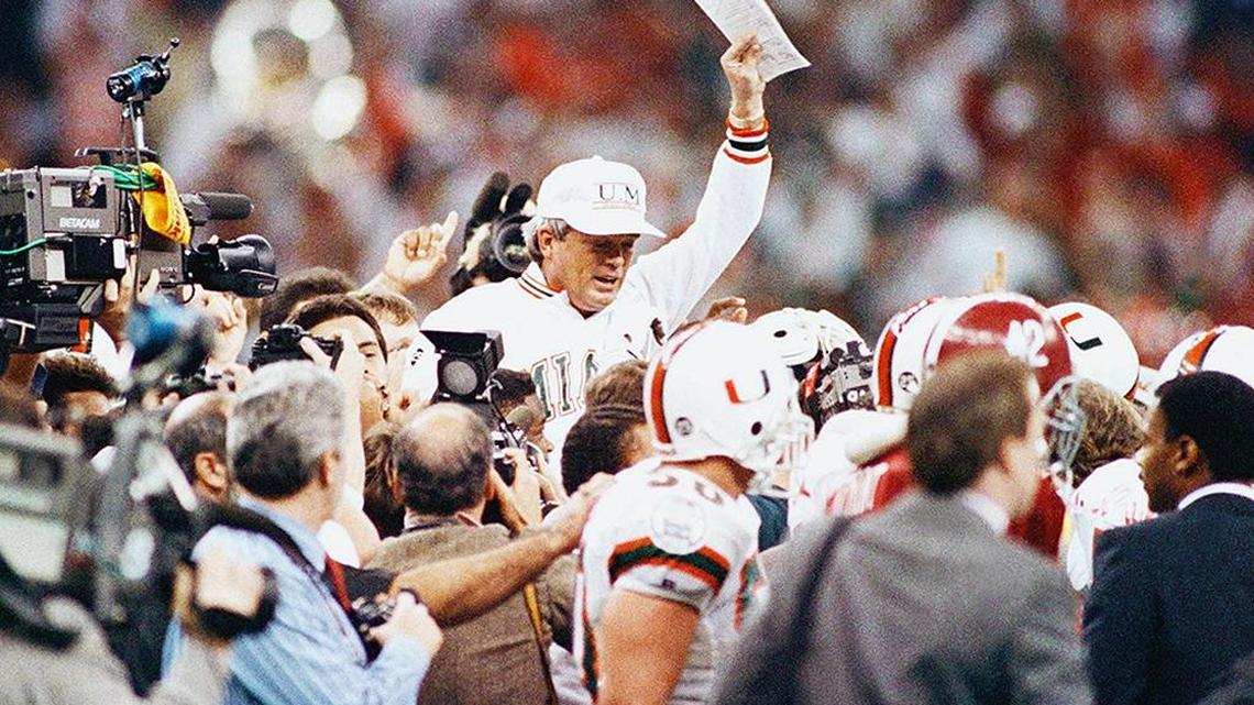 Miami football coach Dennis Erickson gets a victory ride at the end of the 1990 Sugar Bowl after the Hurricanes beat Alabama 33-25 for a share of the 1989 national championship.