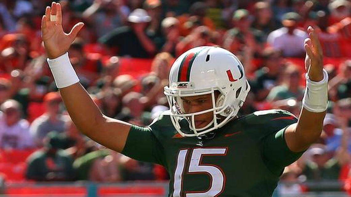 
Brad Kaaya celebrates a touchdown during against North Carolina at Sun Life Stadium on Nov. 1, 2014 in Miami Gardens, Florida. 
