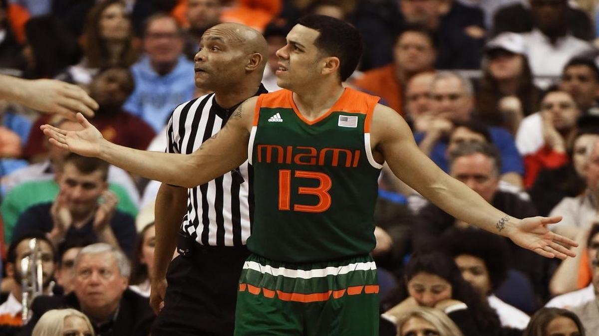 Miami guard Angel Rodriguez questions a first-half call by game officials as the Hurricanes battle Virginia in the first half of play at the Verizon Center in Washington, D.C. Friday, March 11, 2016.