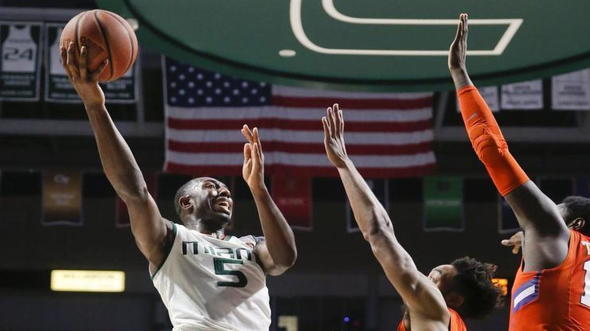Miami Hurricanes guard Davon Reed (5) gets inside the paint in the first half as the University of Miami plays Clemson University at Watsco Center in Coral Gables on Feb. 17, 2017.
