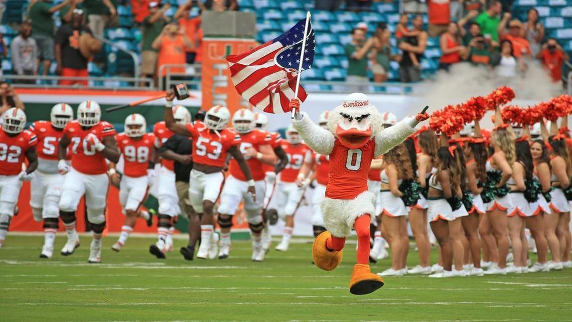 UM rushes the field as the Hurricanes host Bethune-Cookman at Hard Rock Stadium on Saturday, September 2, 2017.
