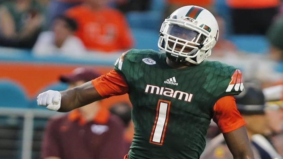 Miami Hurricanes defensive back Artie Burns pumps his chest after making an interception. He was drafted by the Pittsburgh Steelers on Thursday night.
