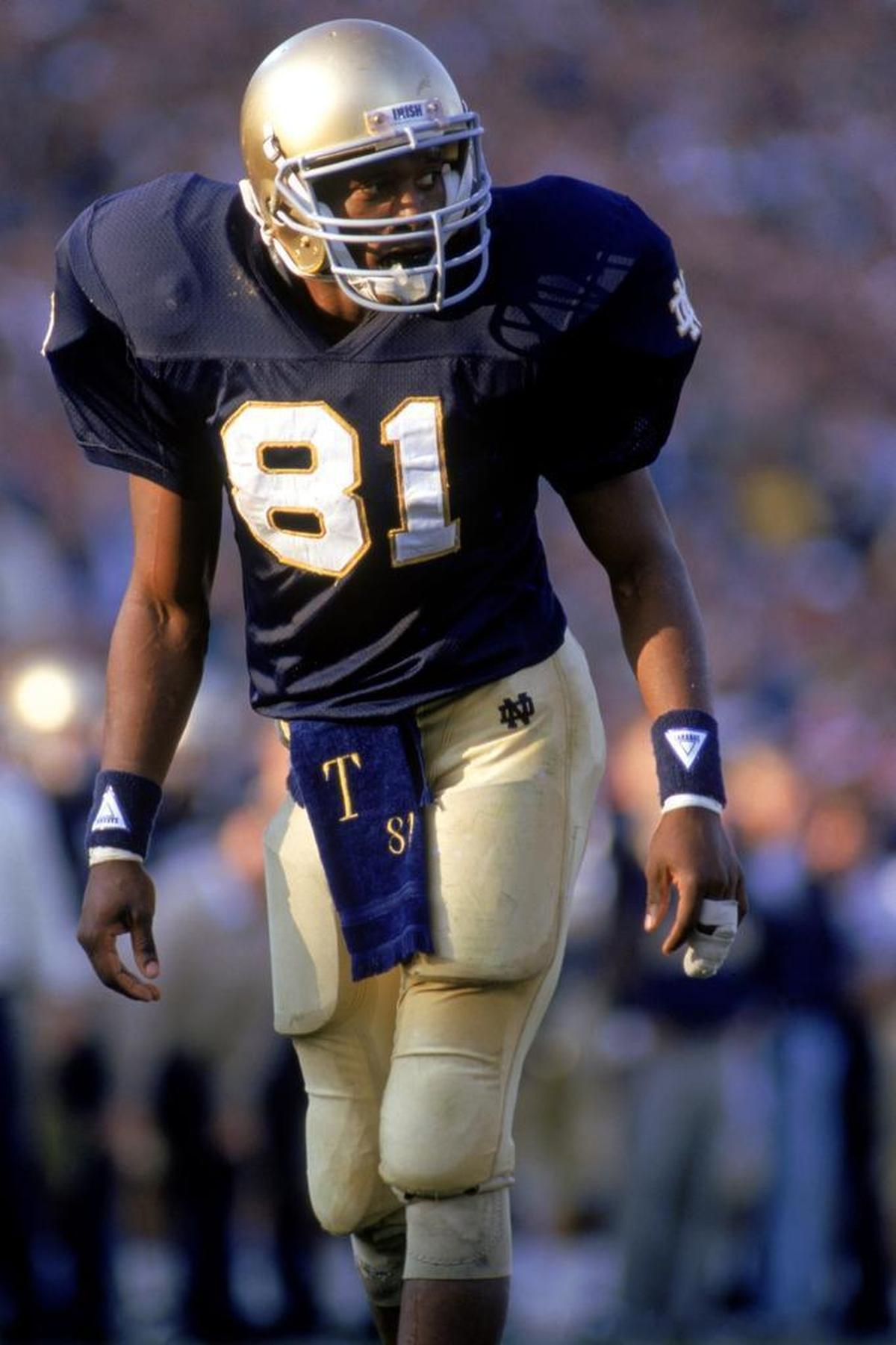 Tim Brown of Notre Dame Fighting Irish waits for the snap during a game in the 1987 season in South Bend, Indiana. Diehard UM fan Luther Campbell had challenged players to swipe Brown’s towel so he could hoist it on a float in the Liberty City Martin Luther King Day Parade.