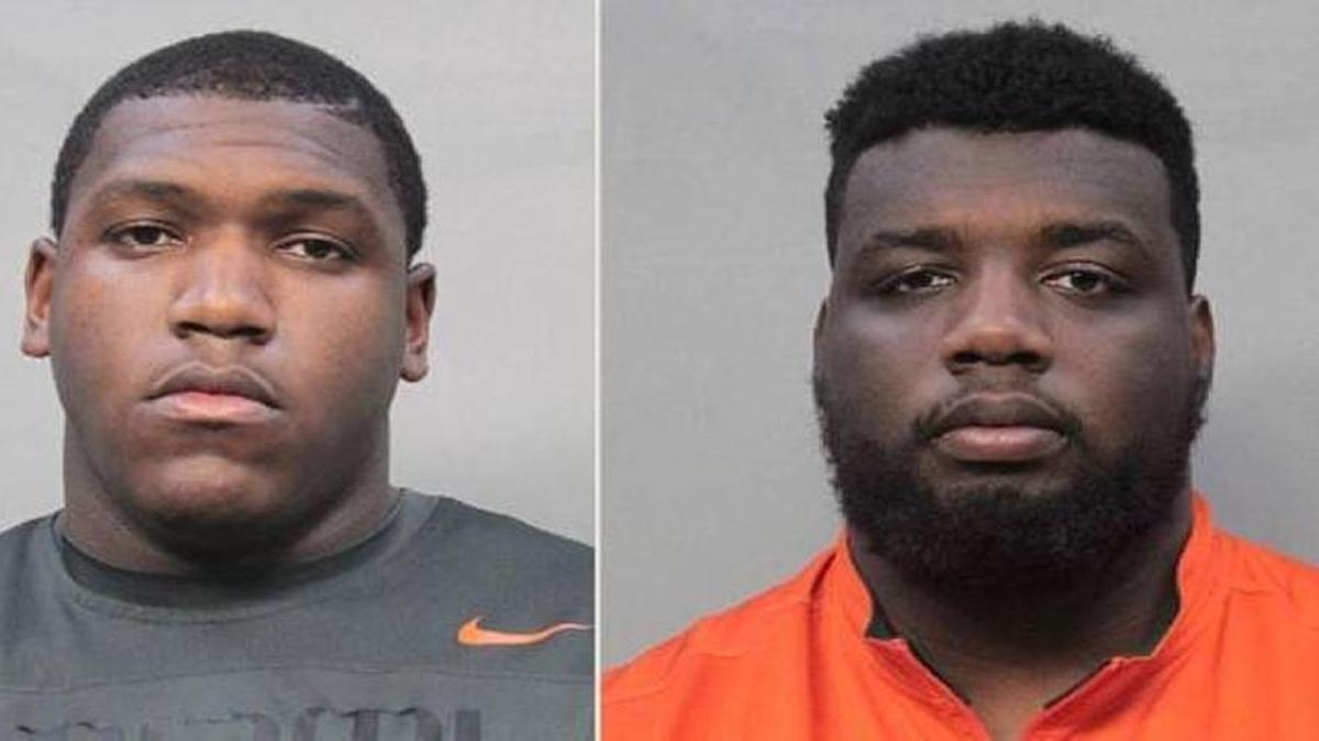 University of Miami offensive linemen Trevor Darling, left, and Jahair Jones