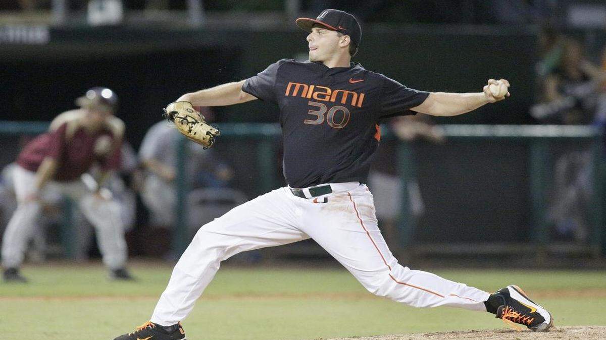 
UM Hurricanes' pitcher Andrew Suarez (30) delivers against Florida State Seminoles during their second baseball game in three game series on Saturday April 25, 2015 at Mark Light Field in Coral Gables.
