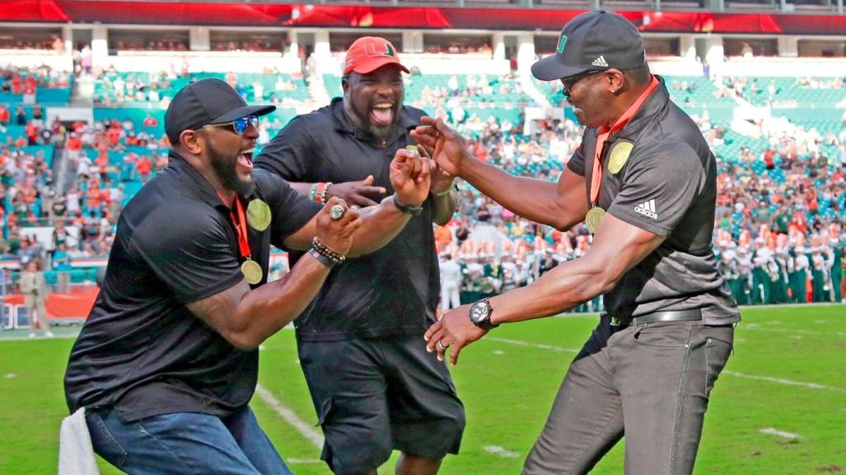 Inducted into the University of Miami Ring of Honor are, from left, Ray Lewis, Warren Sapp and Michael Irvin. In this Oct. 14, 2017, picture, the Hurricanes hosted Georgia Tech at Hard Rock Stadium. Lewis, who will be enshrined in the Pro Football Hall of Fame in August, was nominated for the 2019 class of the College Football Hall of Fame, it was announced on Monday, June, 4, 2018.