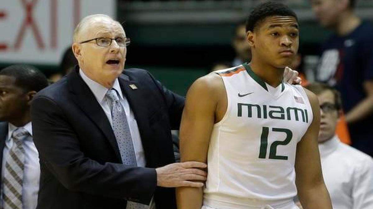 
UM coach Jim Jim Larrañaga is shown with guard James Palmer during the Canes’ 75-71 victory over North Carolina Central in the NIT on Tuesday, March 17, 2015, in Coral Gables, Fla. 
