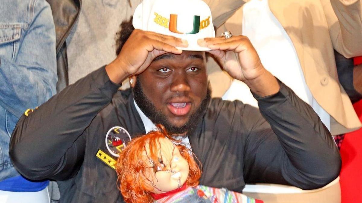 Plantation American Heritage defensive tackle Nesta “Jade” Silvera commits to the University of Miami at the school’s National Signing Day ceremony on Feb. 7. UM has high hopes for the four-star recruit.