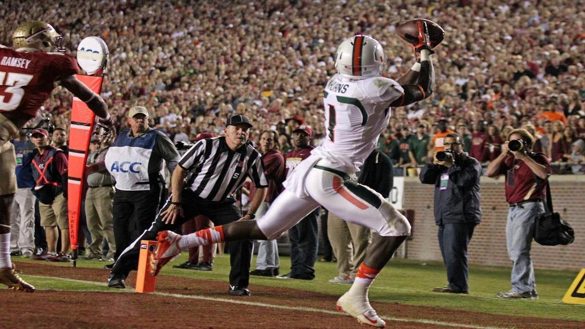 Former University of Miami receiver Allen Hurns is shown in the 2013 Florida State game at Doak Campbell Stadium.