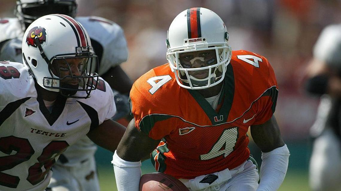 Devin Hester breaks loose and runs for extra yards at the Orange Bowl against the Temple Owls in October 2003. The Canes won 52-14.
