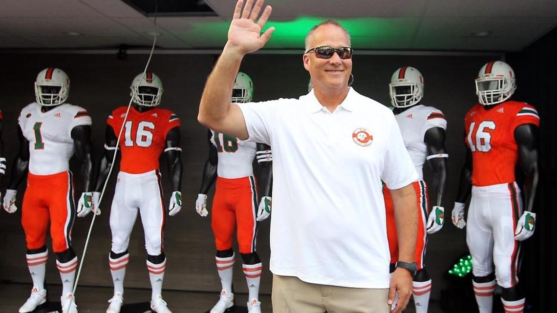Miami Hurricanes coach Mark Richt greets the crowd at the unveiling of the team’s new Adidas uniforms last month.