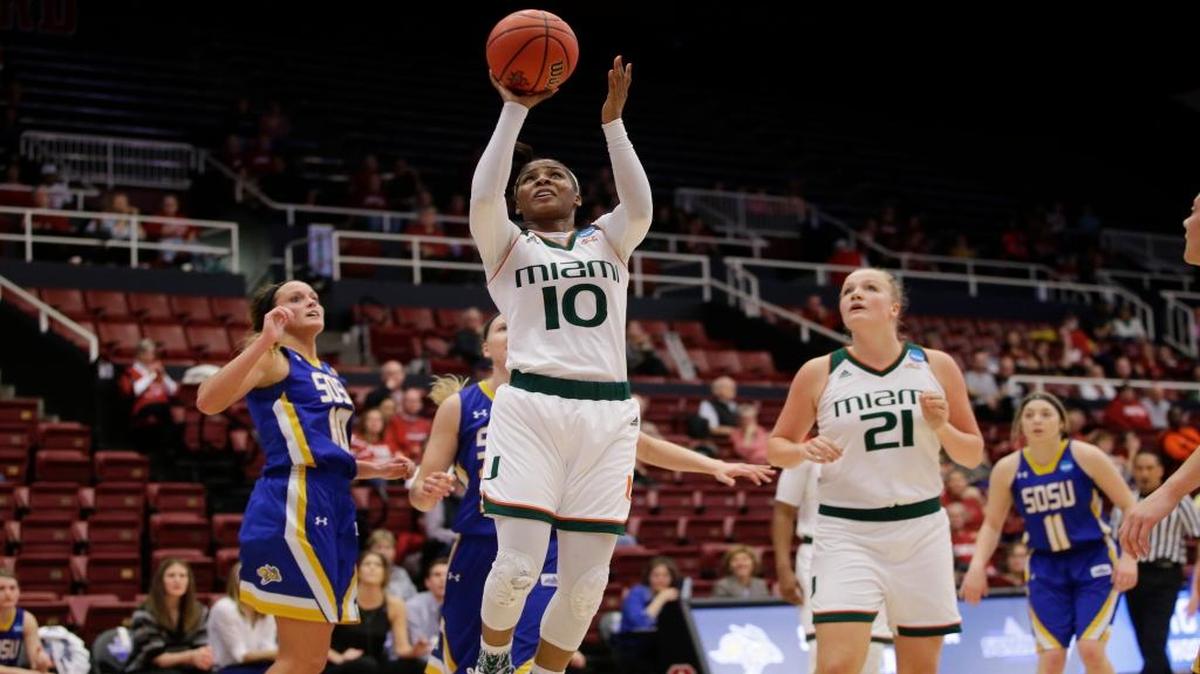 Miami guard Michelle Woods has an easy lane to the basket as she drives against South Dakota State in the first round of the women’s NCAA tournament on Saturday in Stanford, California.