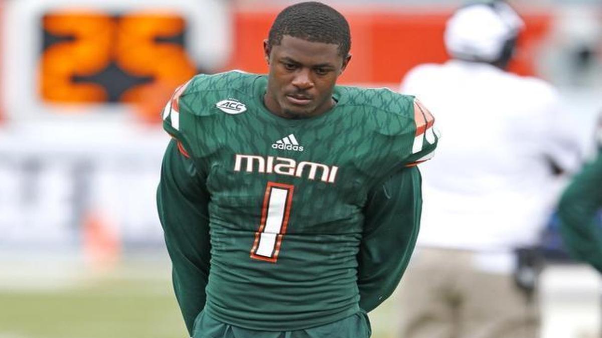 UM cornerback Artie Burns looks on during a 58-0 loss to Clemson at Sun Life Stadium on Saturday, Oct. 24, 2015.