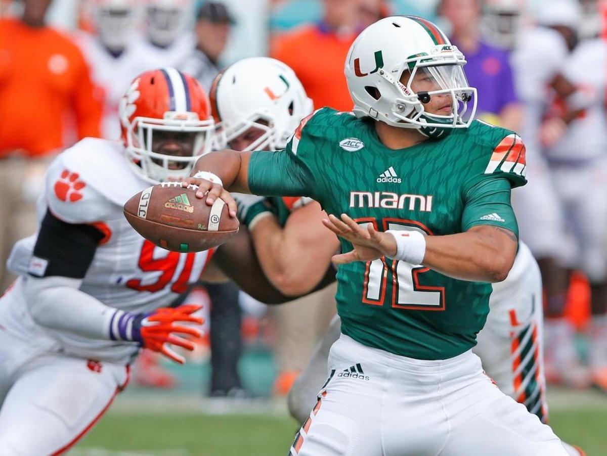 Miami Hurricanes quarterback Malik Rosier (12) sets up to pass in the third quarter as the University of Miami hosted Clemson at Sun Life Stadium on Saturday, Oct. 24, 2015.