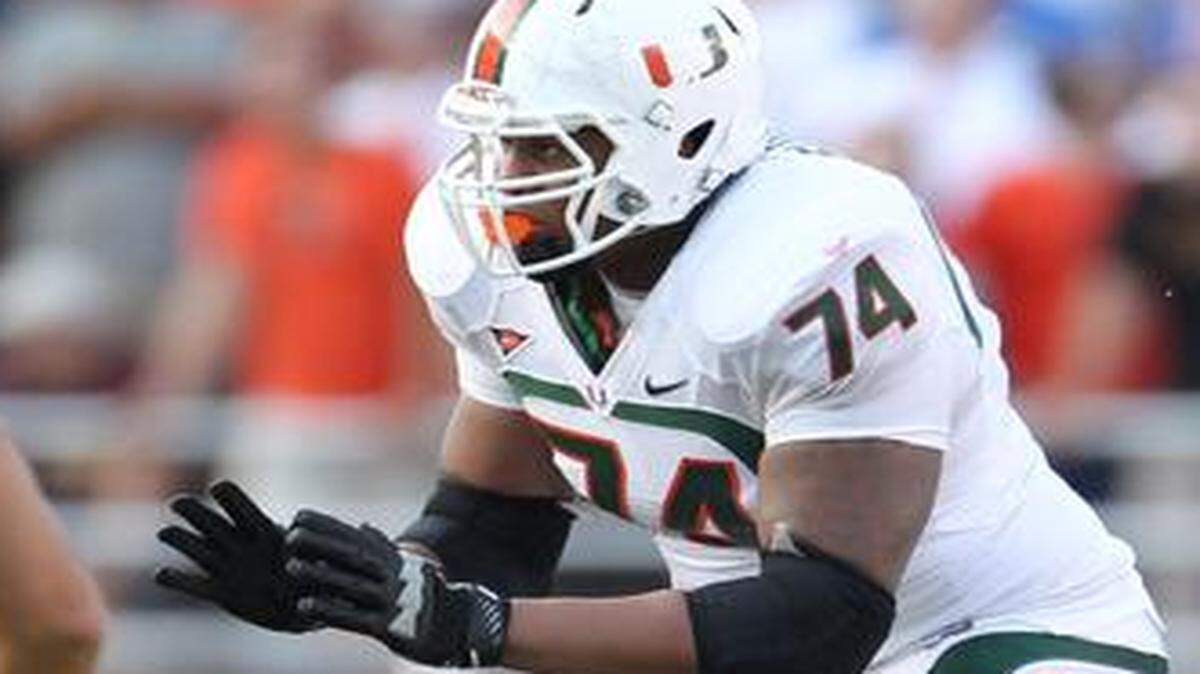 
UM left tackle Ereck Flowers is shown during a game against Boston College.
