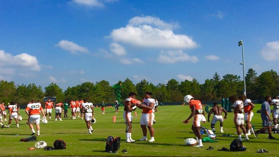 The University of Miami football team gets into its practice gear as it gets set to work out at Disney’s ESPN Wide World of Sports Complex in Lake Buena Vista, Florida, on Sunday, Sept. 17, 2017.