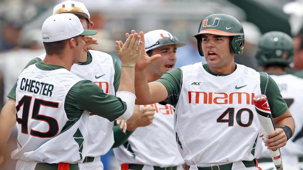 
UM’s Garrett Kennedy (40) celebrates after scoring on Jacob Heyward’s single in the second inning against Virginia Commonwealth in an NCAA Super Regional at Mark Light Field in Coral Gables on Friday, June 5, 2015.
