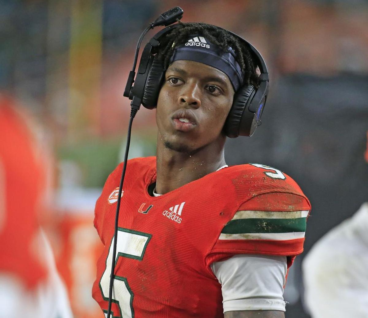 Miami Hurricanes quarterback N’Kosi Perry, shown on the sidelines in the Duke game at Hard Rock Stadium on November 3, 2018.  Perry will start his fifth game Saturday at Virginia Tech.