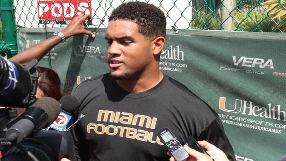 
UM rush-end/linebacker Trent Harris talks to reporters after practice at UM on Tuesday, Sept. 1, 2015.
