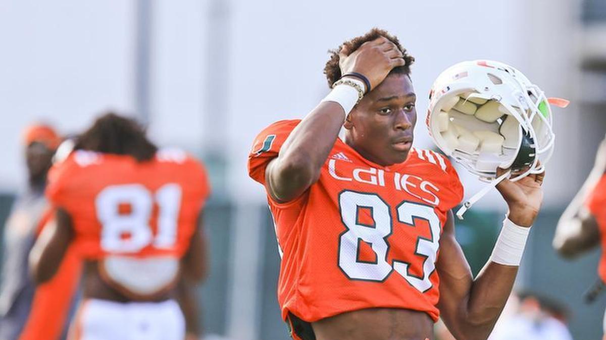 Wide receiver Evidence Njoku is shown during drills on the fourth day of University of Miami football camp at Greentree Field on Friday, August 4, 2017.