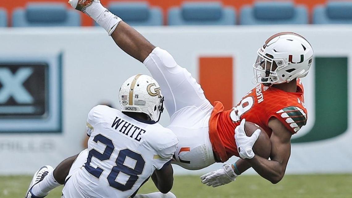 Miami Hurricanes wide receiver Lawrence Cager (18) makes a catch against Georgia Tech at Sun Life Stadium on Saturday, November 21, 2015.