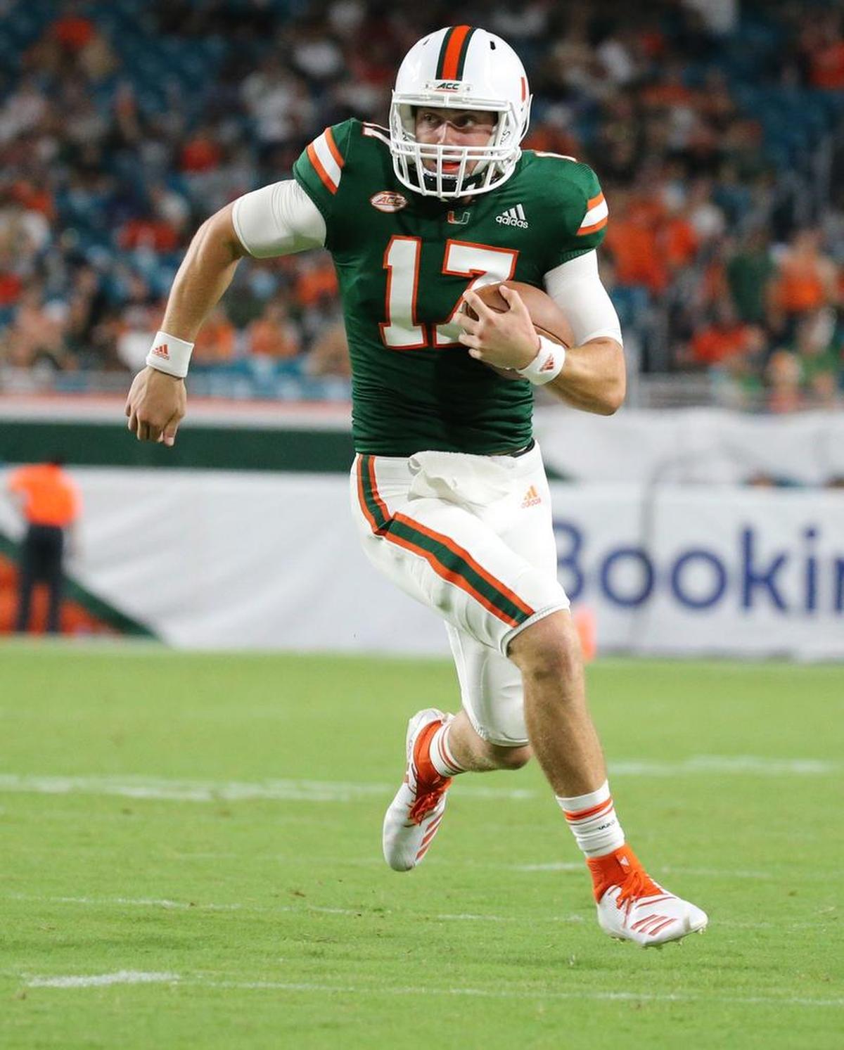 Miami Hurricanes quarterback Cade Weldon runs for a touchdown in the fourth quarter against Savannah State at Hard Rock Stadium on Saturday, Sept. 8, 2018. UM announced on Oct. 9 that Weldon has been suspended four games, beginning with FSU.