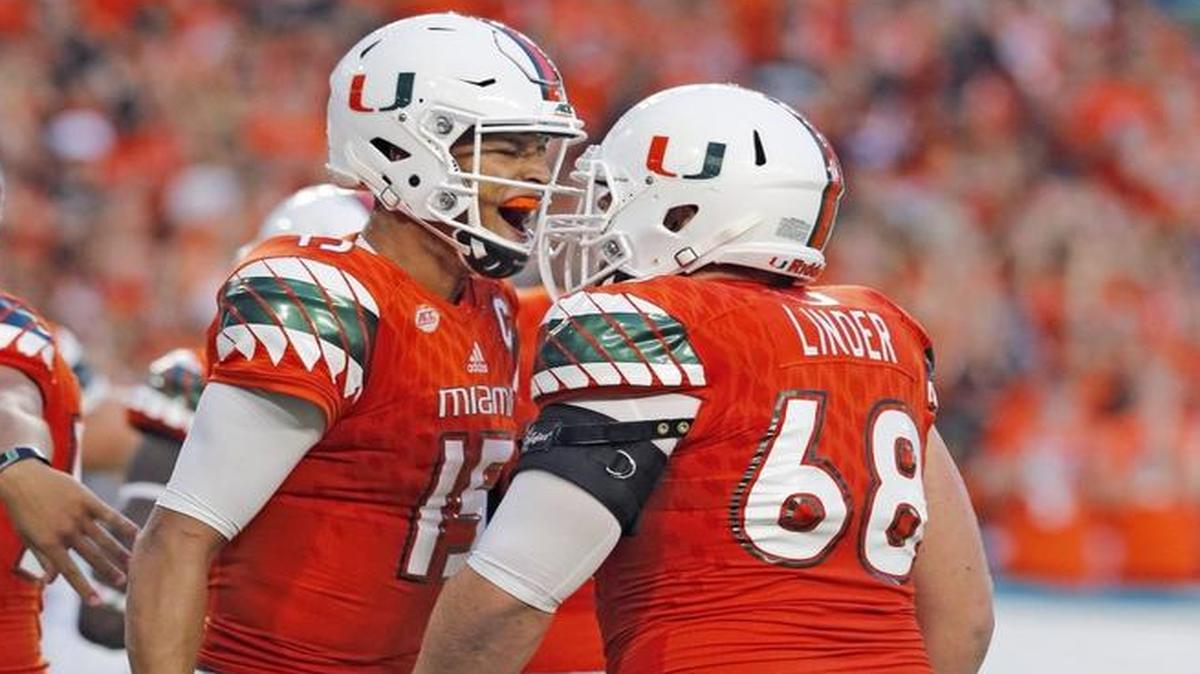 “We should have won it,” Miami center Nick Linder, right, said of the home loss to archrival FSU. “That was a good front we saw. There can’t be any hangover. We’ve got to fix our mistakes and treat every game like a championship.”