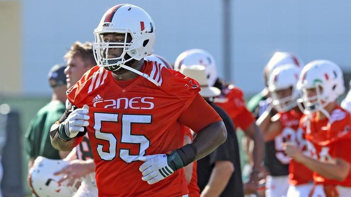Freshman offensive guard Navaughn Donaldson (55), shown during fall camp, is one of three University of Miami football players — not including running back Mark Walton, who was already ruled out with a season-ending injury — who are out with injuries for Georgia Tech.