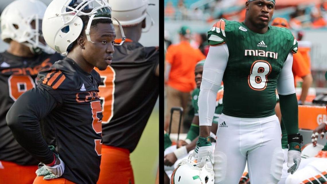 The University of Miami has dismissed stars Jermaine Grace, left, and Al-Quadin Muhammad from the football team for violating NCAA rules.