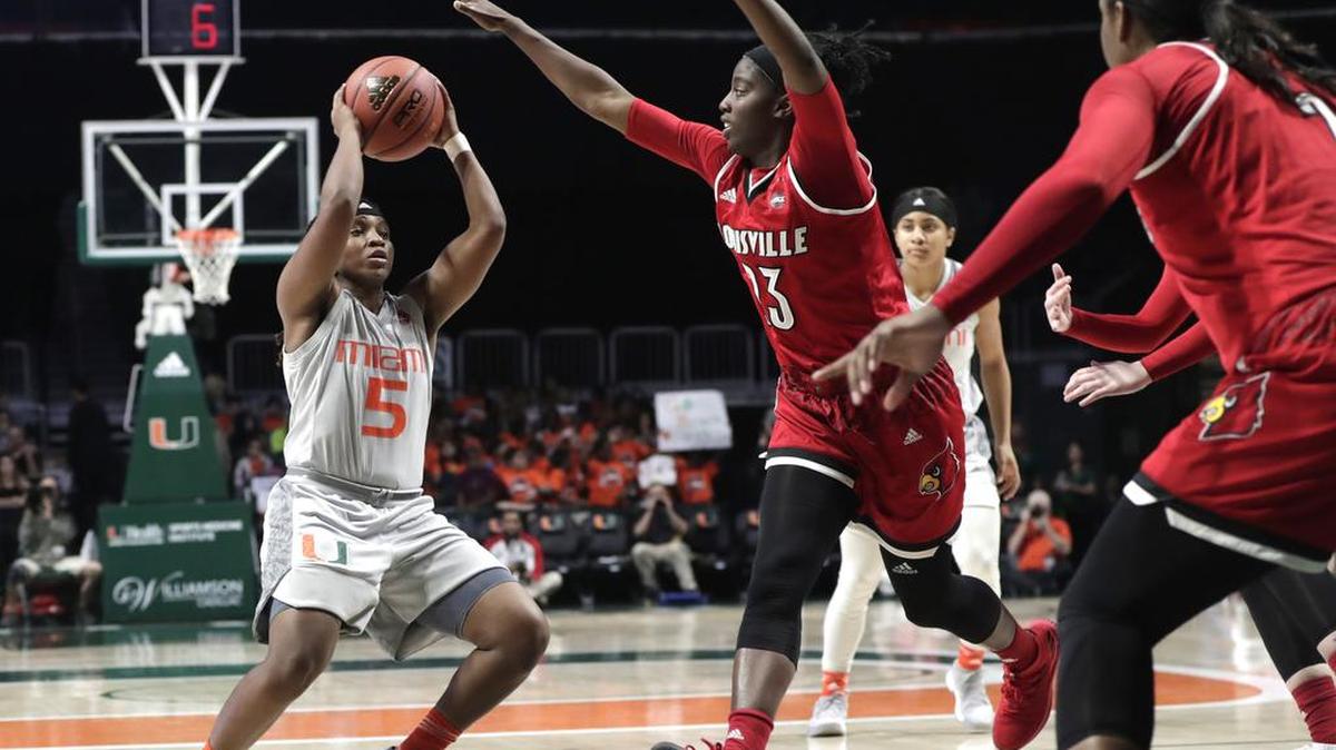 Miami’s Mykea Gray (5), shown last season, led the Hurricanes with 21 points in a 76-73 home win over Boston College Sunday.