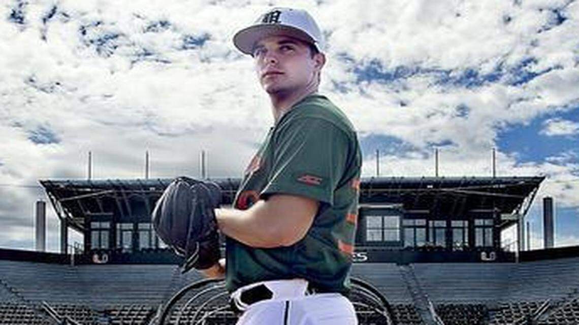 
UM pitcher Andy Suarez, shown at practice Monday, Feb. 9, 2015, was drafted by the Washington Nationals but chose to return to the Canes.
