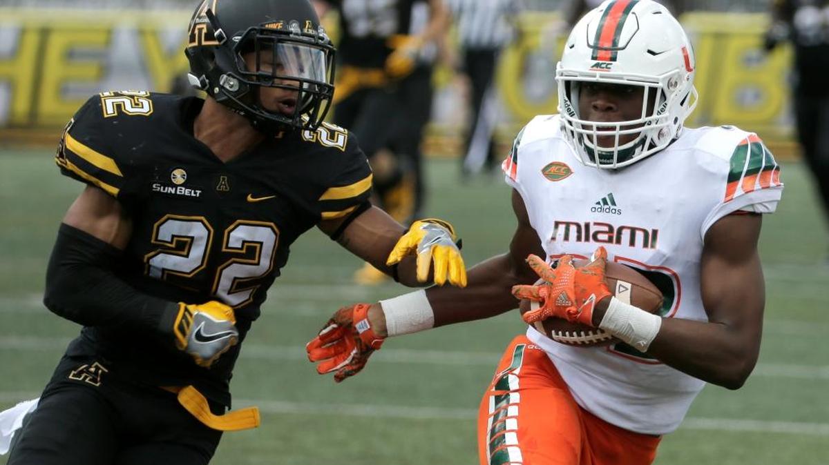Miami's Ahmmon Richards catches a pass Saturday against Appalachian State.
