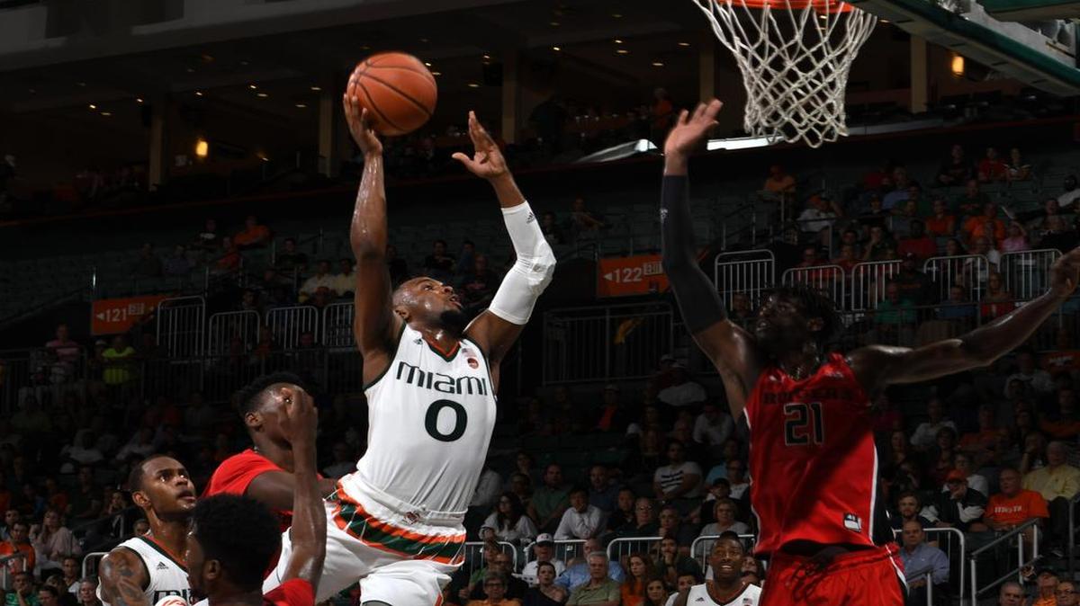 Ja’Quan Newton soars to the basket during the Canes’ 73-61 home win over Rutgers on Wednesday night.