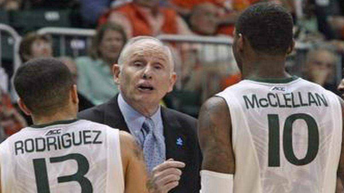 
UM coach Jim Larrañaga gives his players instructions during their game against Clemson on Feb. 8. All players know when the coach wants their full attention, no matter how loud the environs.

